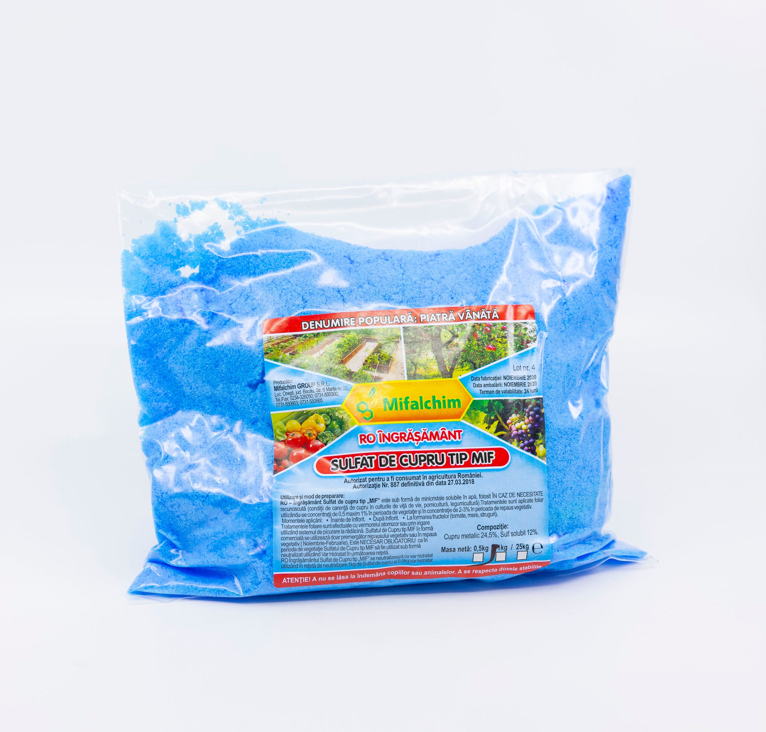 Sulfat de cupru tip MIF, piatra vanata, pentru stropire pomi fructiferi, vita de vie si legume 500g
