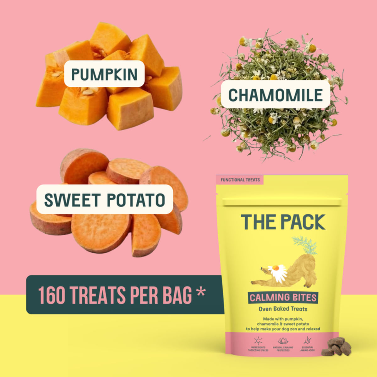 THE PACK Calming Bites, XS-XL, Fructe, punguță recompense funcționale câini, sistem nervos & calmante, 100g - poza 3