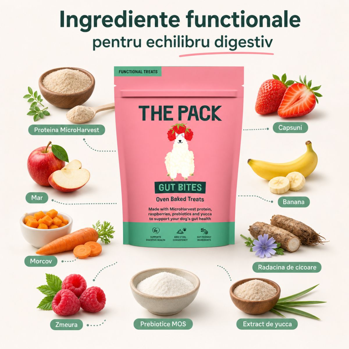 THE PACK Gut Bites, XS-XL, Fructe, punguță recompense câini, sistem digestiv, 100g - poza 5
