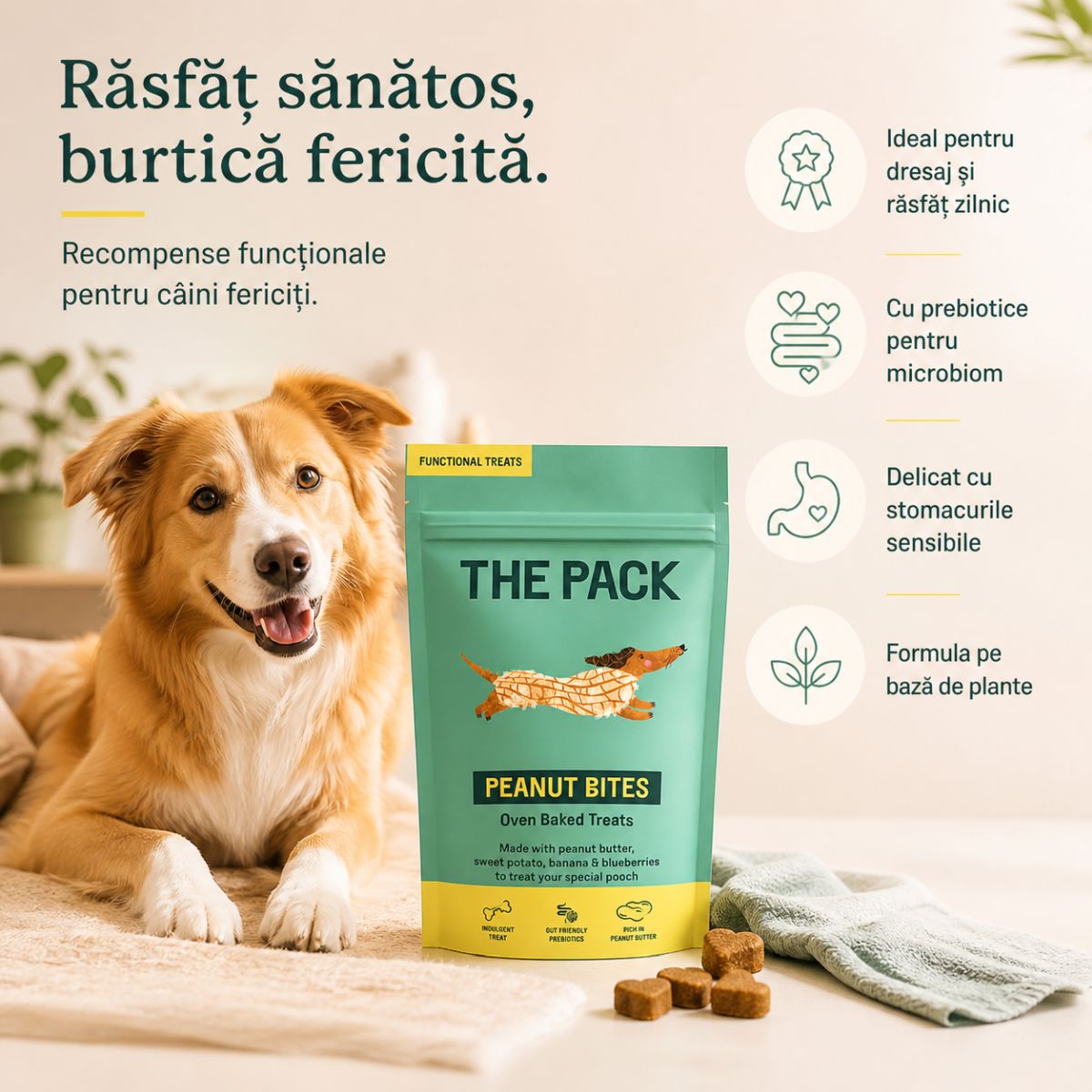 THE PACK Peanut Bites, XS-XL, Unt de Arahide, punguță recompense câini, 100g - poza 3