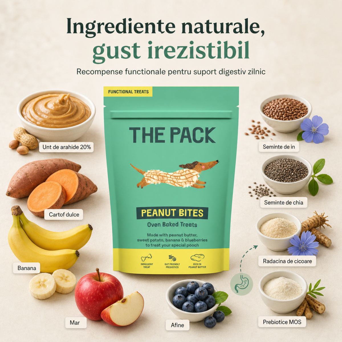THE PACK Peanut Bites, XS-XL, Unt de Arahide, punguță recompense câini, 100g - poza 5