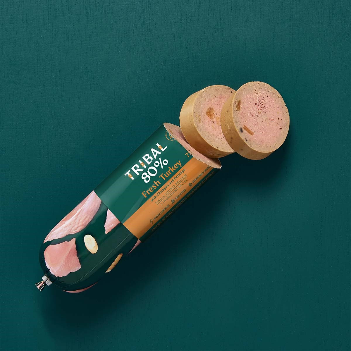 TRIBAL 80% Gourmet Sausage, XS-XL, Curcan, salam hrană umedă monoproteică fără cereale câini junior & adult, (pate), 300g - poza 2