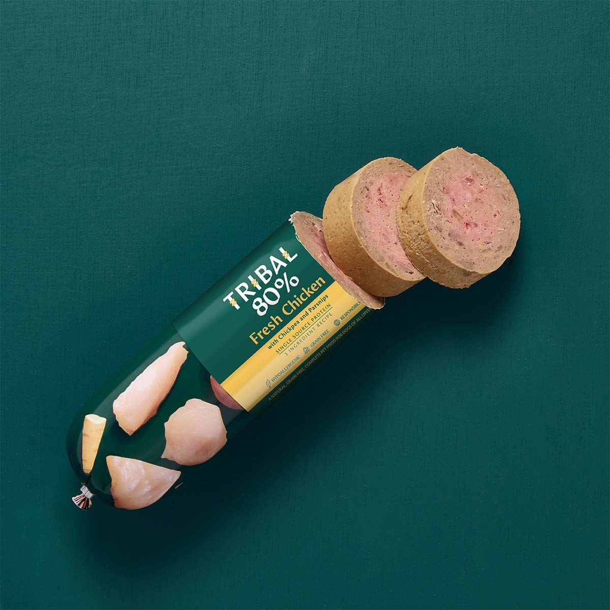 TRIBAL 80% Gourmet Sausage, XS-XL, Pui, salam hrană umedă monoproteică fără cereale câini junior & adult, (pate), 750g - poza 2