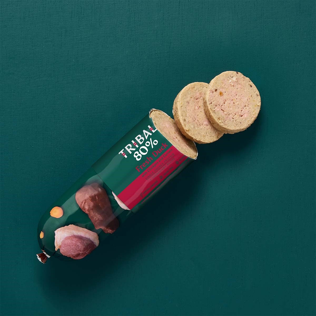TRIBAL 80% Gourmet Sausage, XS-XL, Rață, salam hrană umedă monoproteică fără cereale câini junior & adult, (pate), 300g - poza 1
