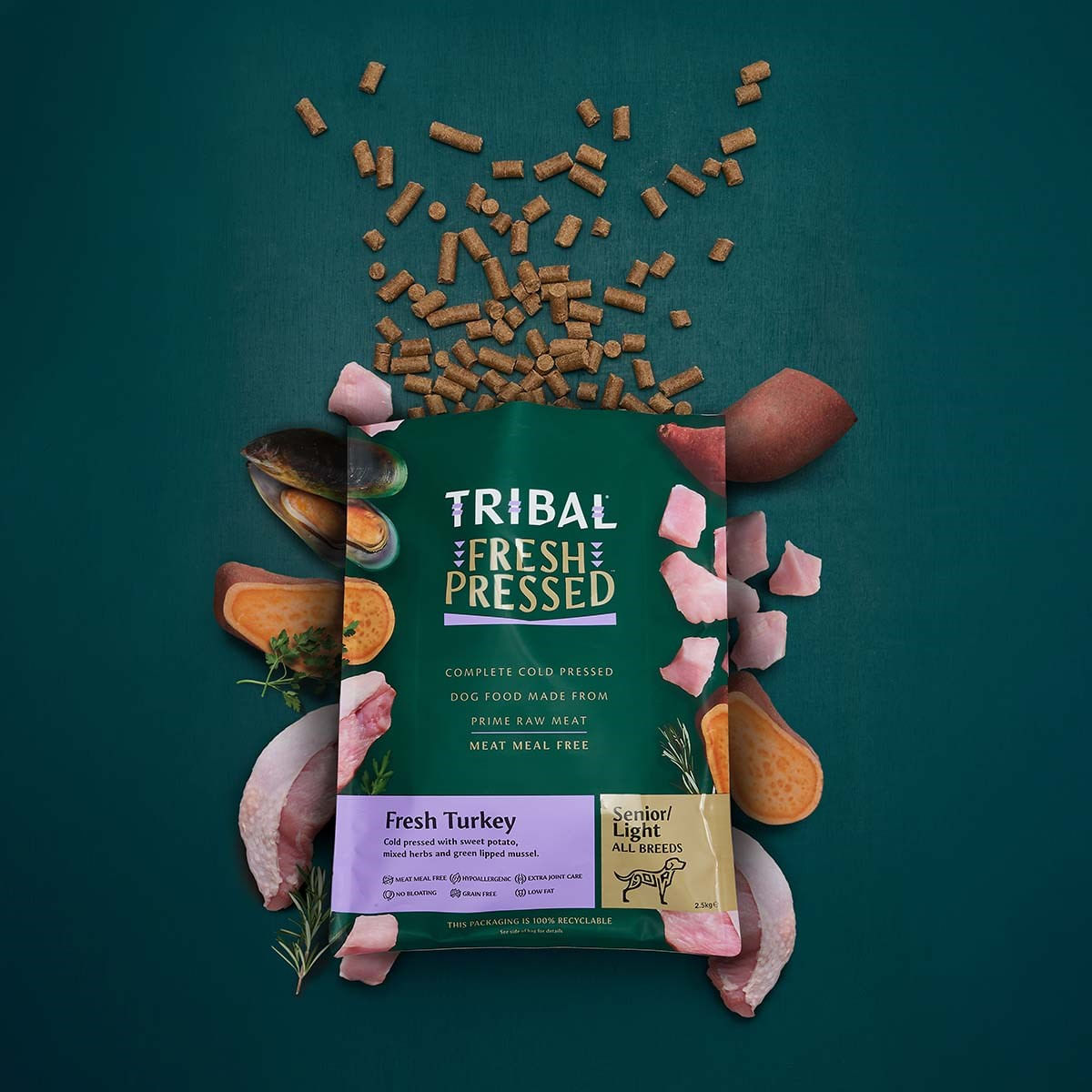 TRIBAL Fresh Pressed Senior & Light All Breeds, XS-XL, Curcan, hrană uscată fără cereale câini senior, obezitate, presată la rece, 12kg - poza 2