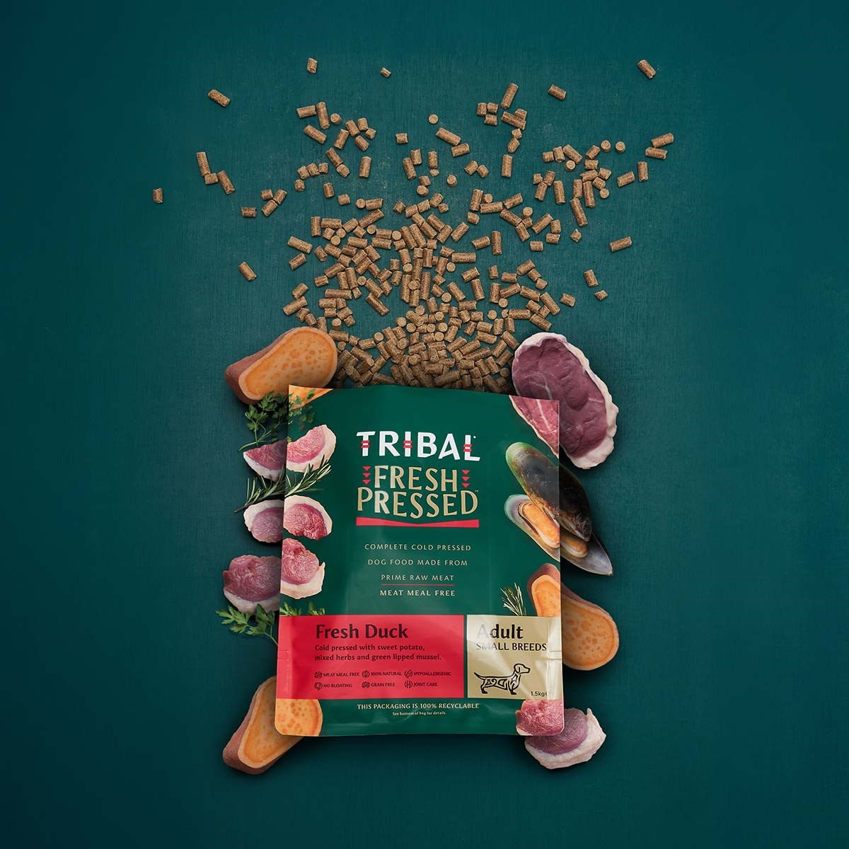 TRIBAL Fresh Pressed Small Breed, XS-S, Rață, hrană uscată fără cereale câini, presată la rece, 1.5kg - poza 2