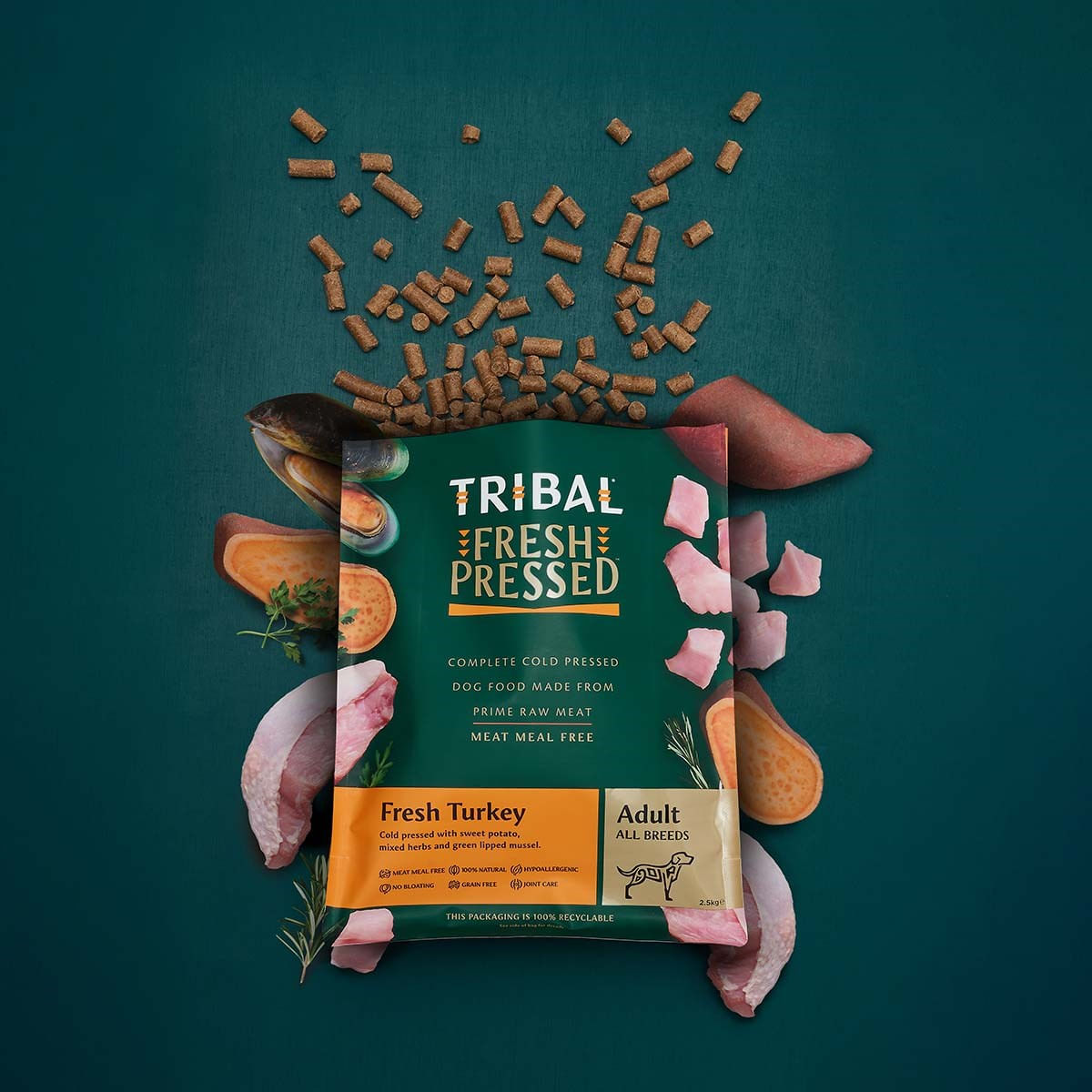 TRIBAL Fresh Pressed, XS-XL, Curcan, hrană uscată fără cereale câini, presată la rece, 2.5kg - poza 2