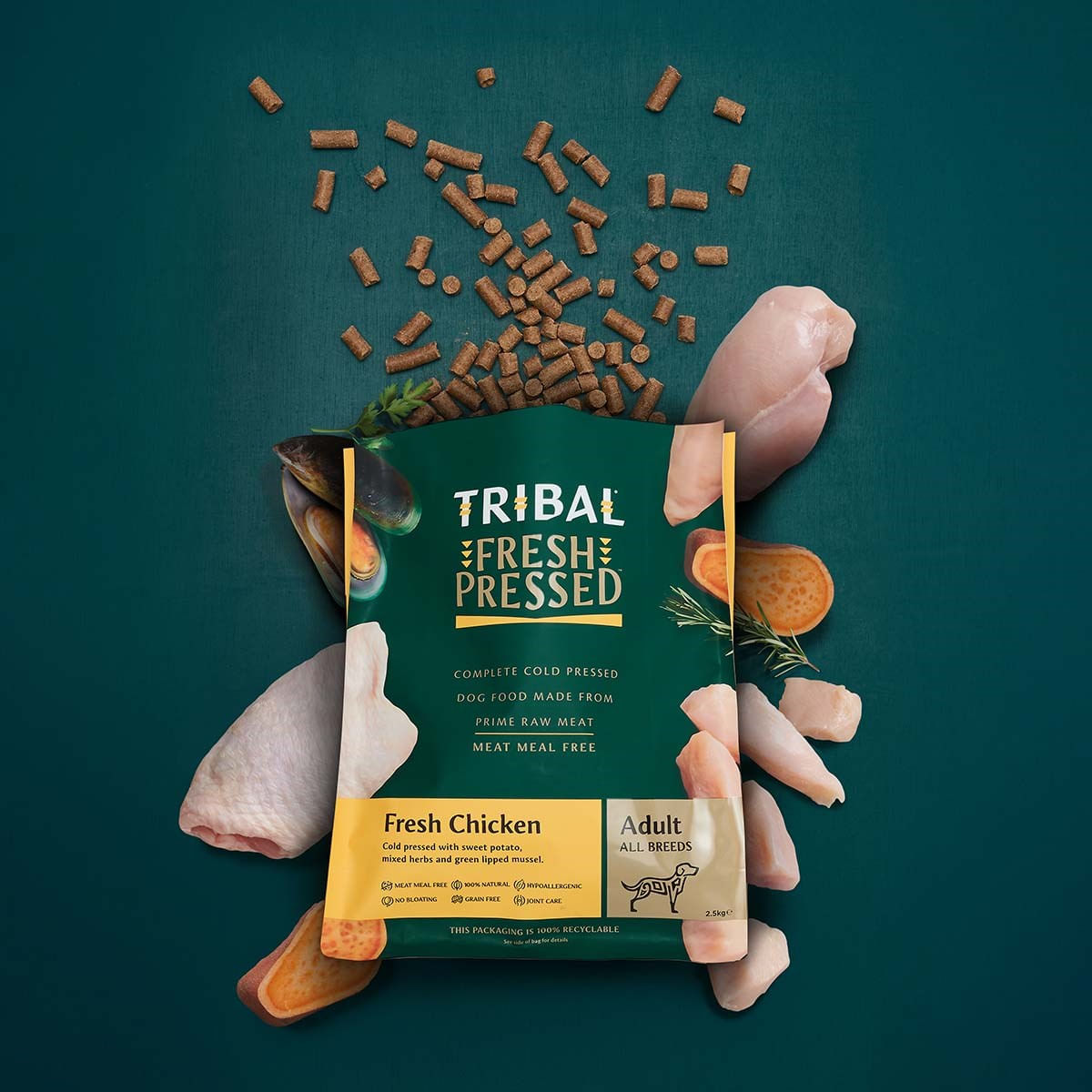 TRIBAL Fresh Pressed, XS-XL, Pui, hrană uscată fără cereale câini, 2.5kg - poza 1