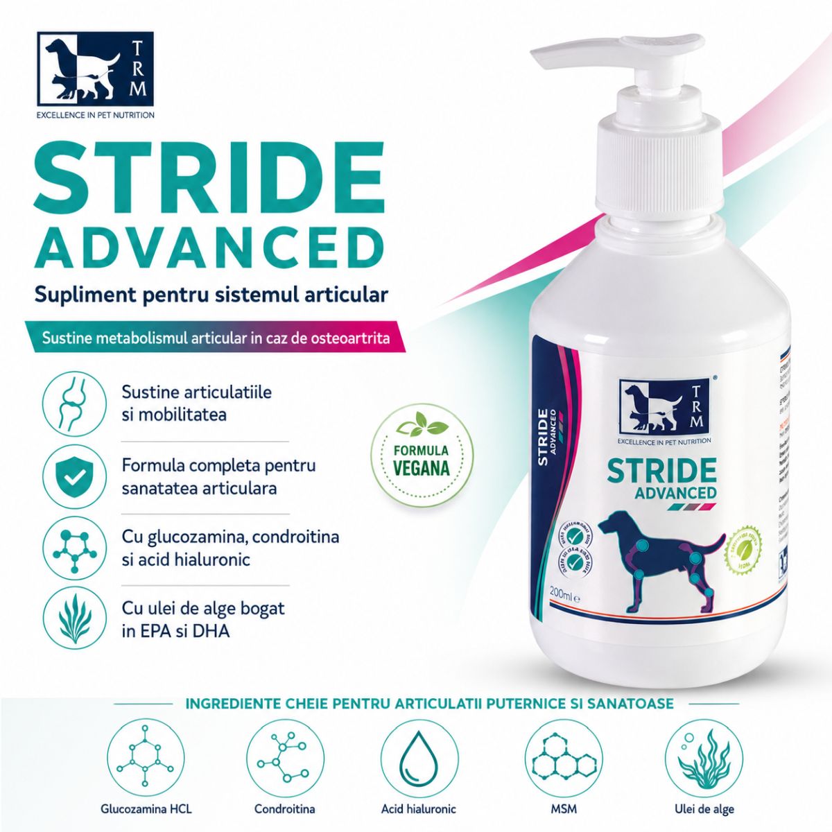 TRM Stride Advanced, supliment sistem articular câini, suspensie orală TRM Stride Advanced, XS-XL, supliment sistem articular câini, flacon, 500ml suspensie orală - poza 3