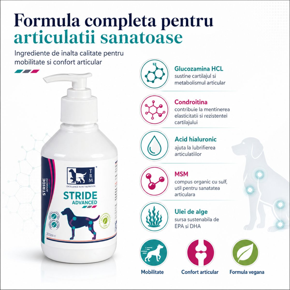TRM Stride Advanced, supliment sistem articular câini, suspensie orală TRM Stride Advanced, XS-XL, supliment sistem articular câini, flacon, 500ml suspensie orală - poza 4