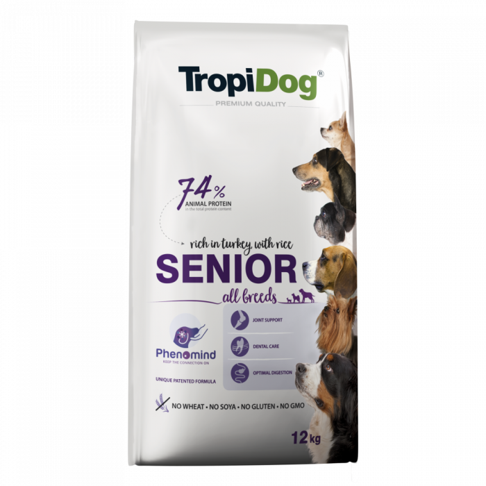 TropiDog, hrana uscata Premium Senior cu curcan si orez, 12 kg