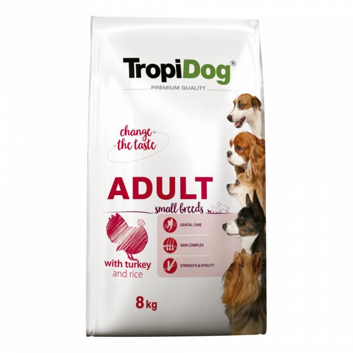 TropiDog, hrana uscata Premium Talie mica cu Curcan si orez, 8 kg