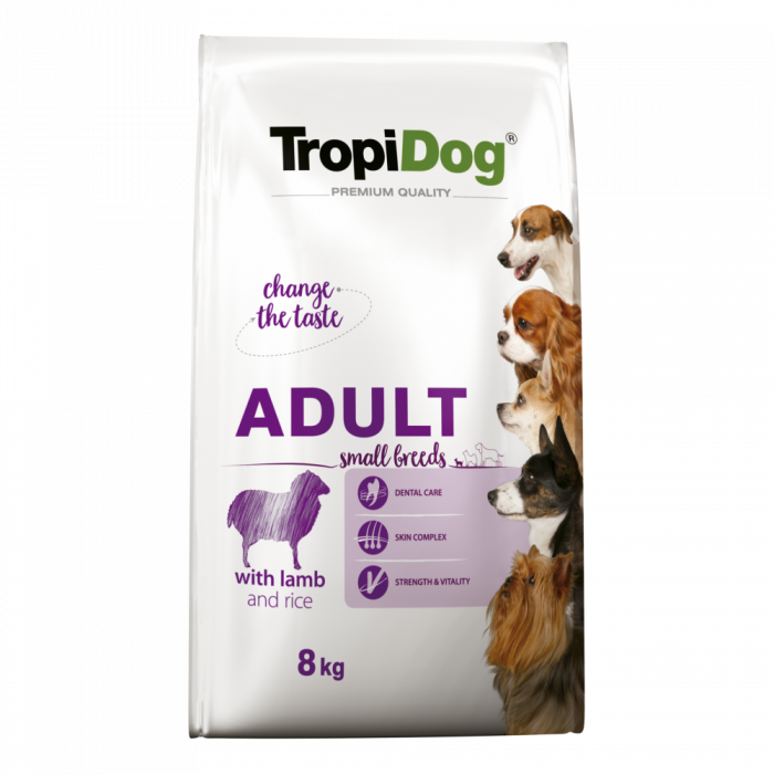 TropiDog, hrana uscata Premium Talie mica cu Miel si orez, 8 kg
