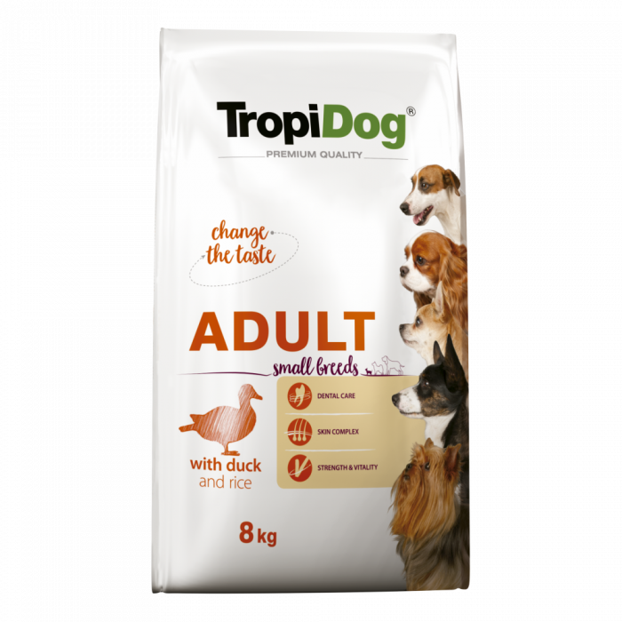 TropiDog, hrana uscata Premium Talie mica cu Rata si orez, 8 kg