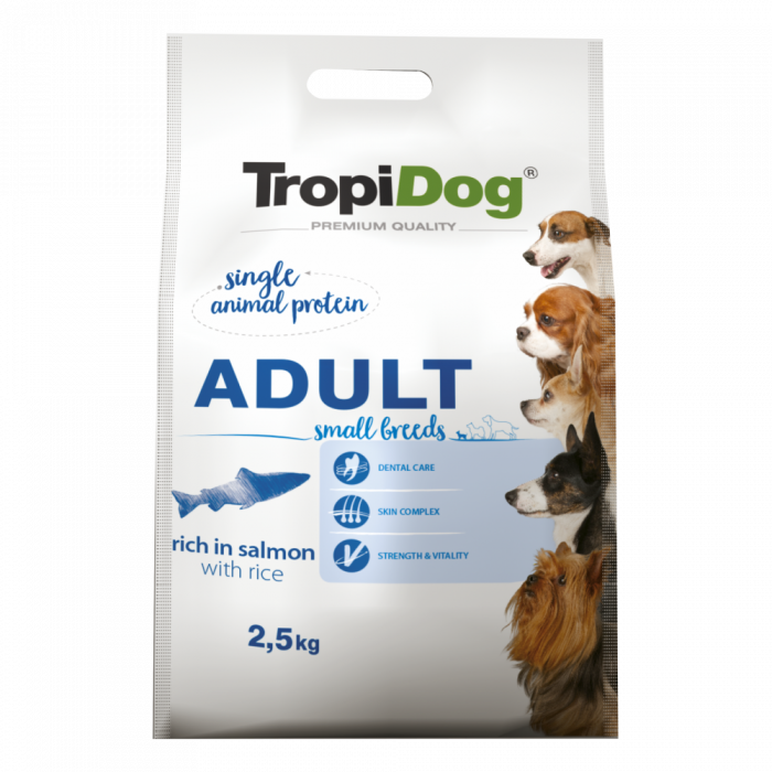 TropiDog, hrana uscata Premium Talie mica cu Somon si orez, 2.5 kg
