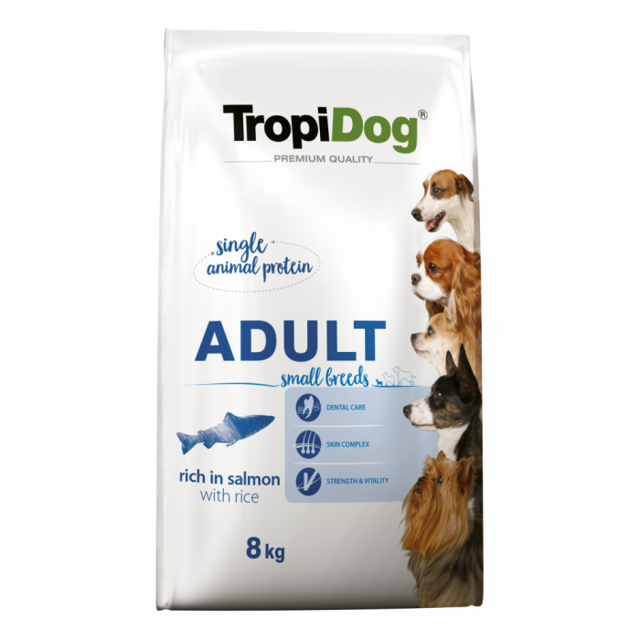TropiDog, hrana uscata Premium Talie mica cu Somon si orez, 8 kg
