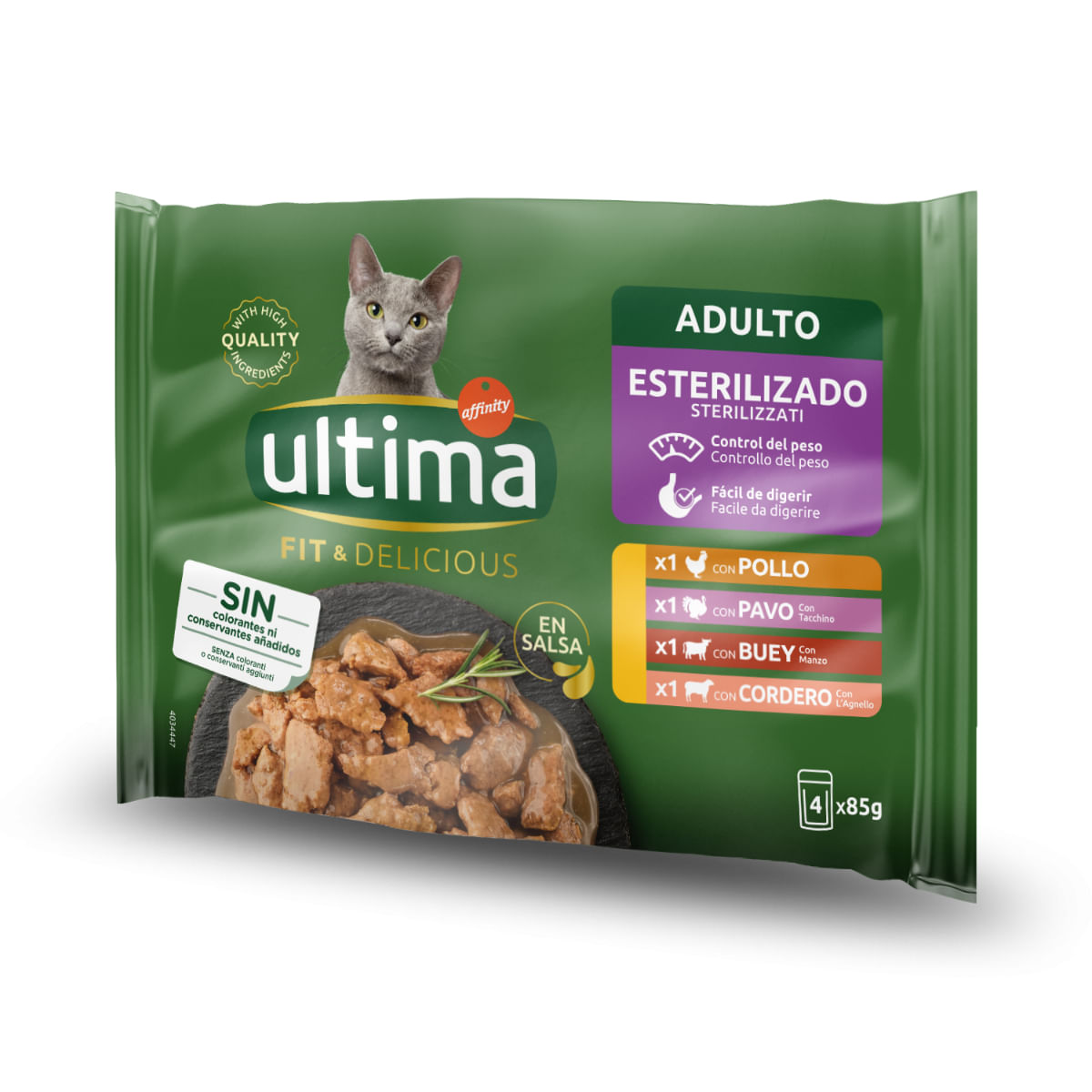 ULTIMA Fit & Delicious Sterilised Selection, Carne, plic hrană umedă pisici sterilizate, (în sos), multipack, 85g x 4buc - poza 1