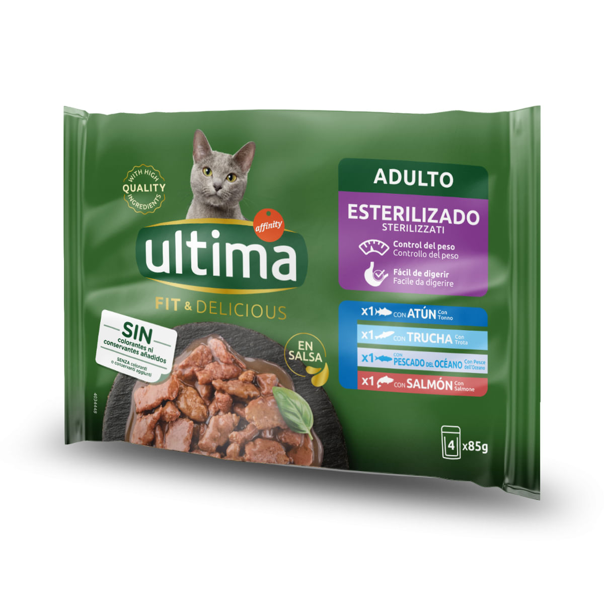 ULTIMA Fit & Delicious Sterilised Selection, Pește, plic hrană umedă pisici sterilizate, (în sos), multipack, 85g x 4buc - poza 1