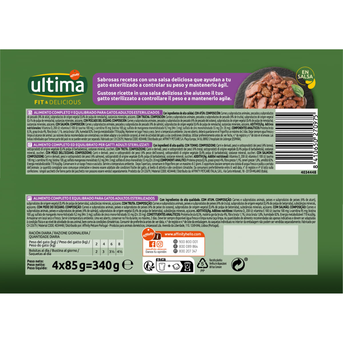 ULTIMA Fit & Delicious Sterilised Selection, Pește, plic hrană umedă pisici sterilizate, (în sos), multipack, 85g x 4buc - poza 3