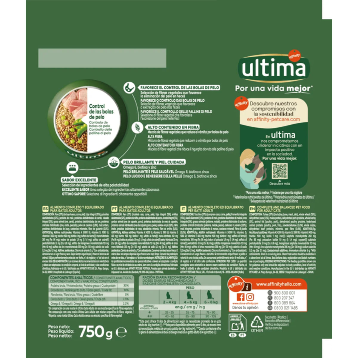 ULTIMA Hairball, Curcan, hrană uscată pisici, limitarea ghemurilor de blană, 750g - poza 3