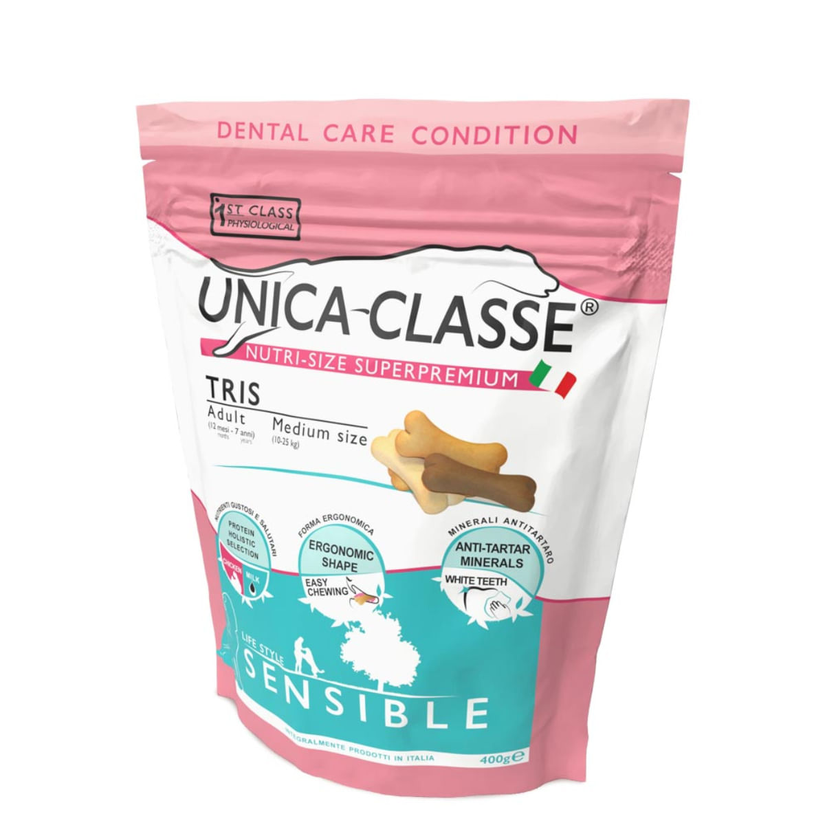 UNICA Classe Tris, M, Pui și Miel, punguță recompense funcționale câini, sensibilități dentare, 400g - poza 1