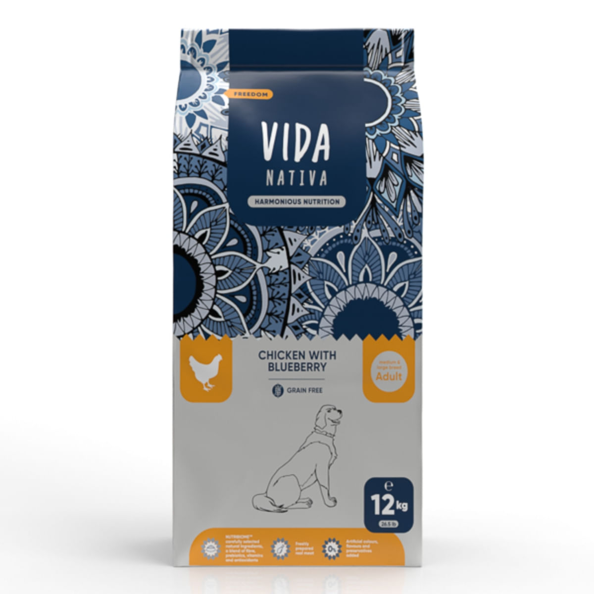 VIDA NATIVA Freedom, M-XL, Pui și afine, hrană uscată fără cereale câini, 12kg - poza 2