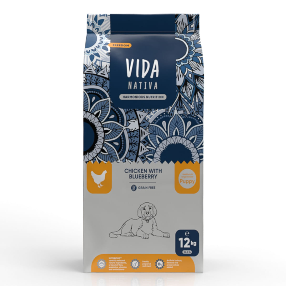 VIDA NATIVA Freedom, M-XL, Pui și afine, hrană uscată fără cereale câini junior, 12kg - poza 2