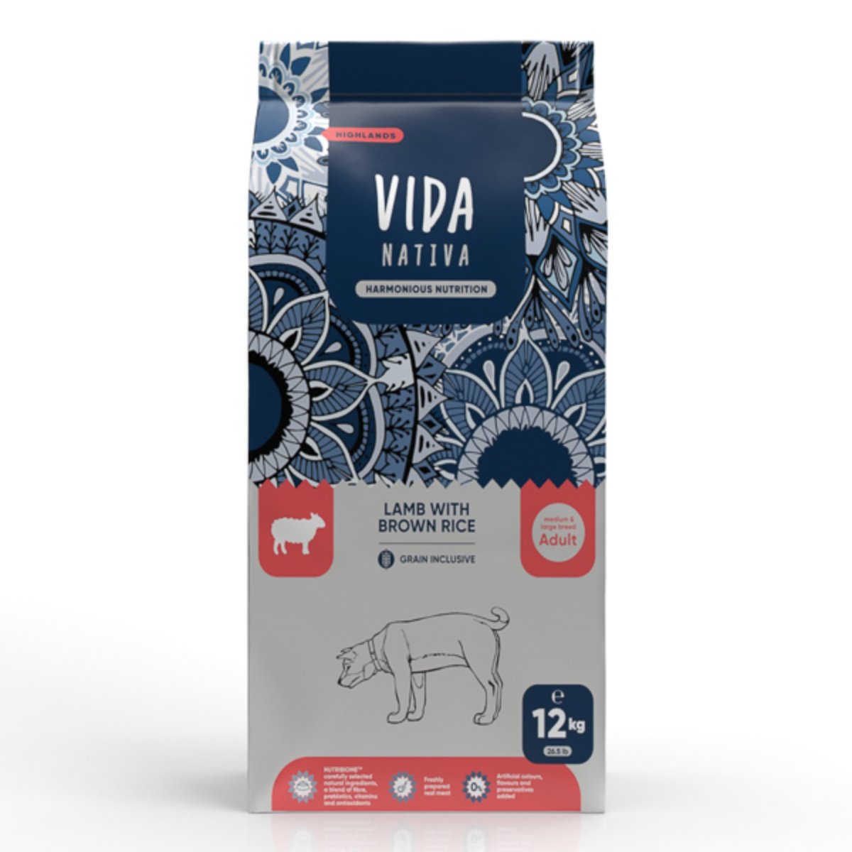 VIDA NATIVA Highlands, M-XL, Miel și orez brun, hrană uscată câini, 12kg - poza 1
