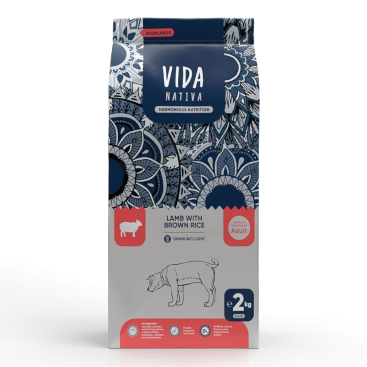 VIDA NATIVA Highlands, M-XL, Miel și orez brun, hrană uscată câini, 2kg - poza 1