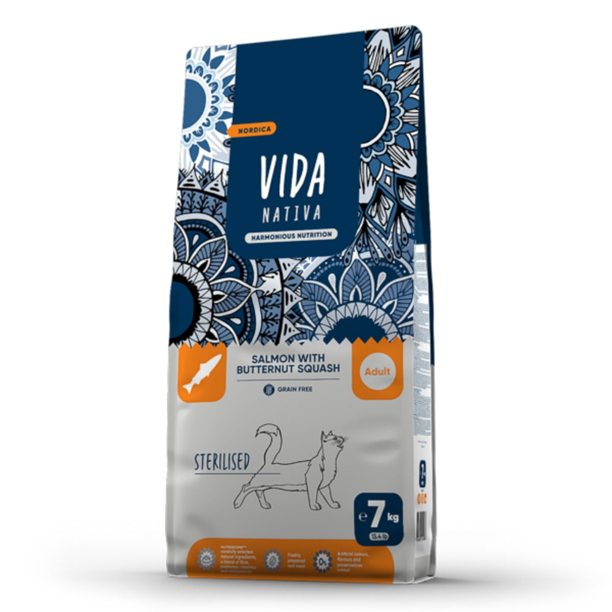 VIDA NATIVA Nordica Sterilised, Somon și dovleac, hrană uscată fără cereale pisici sterilizate, 7kg - poza 2