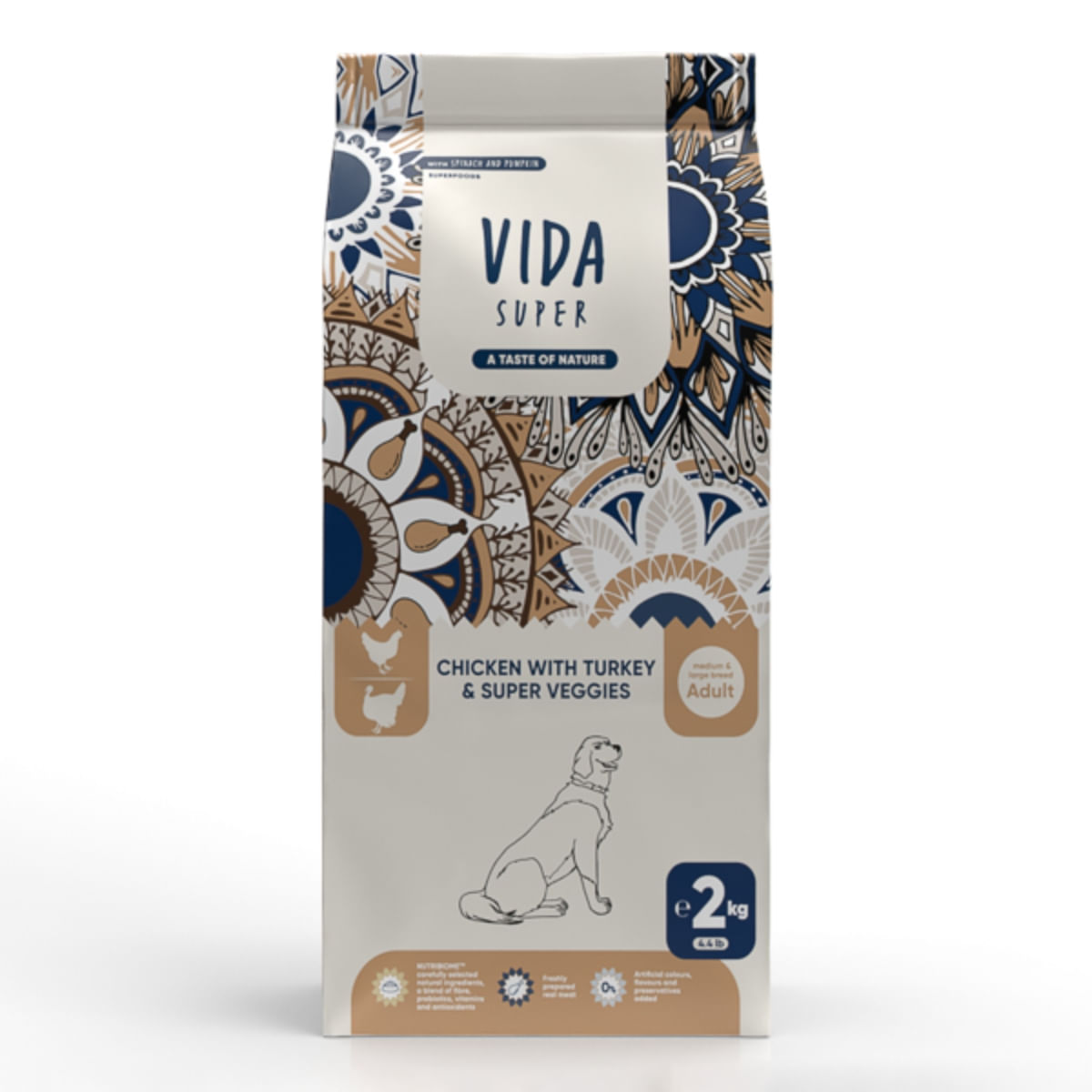 VIDA SUPER, M-XL, Pui, Curcan și Legume, hrană uscată câini, 2kg - poza 1