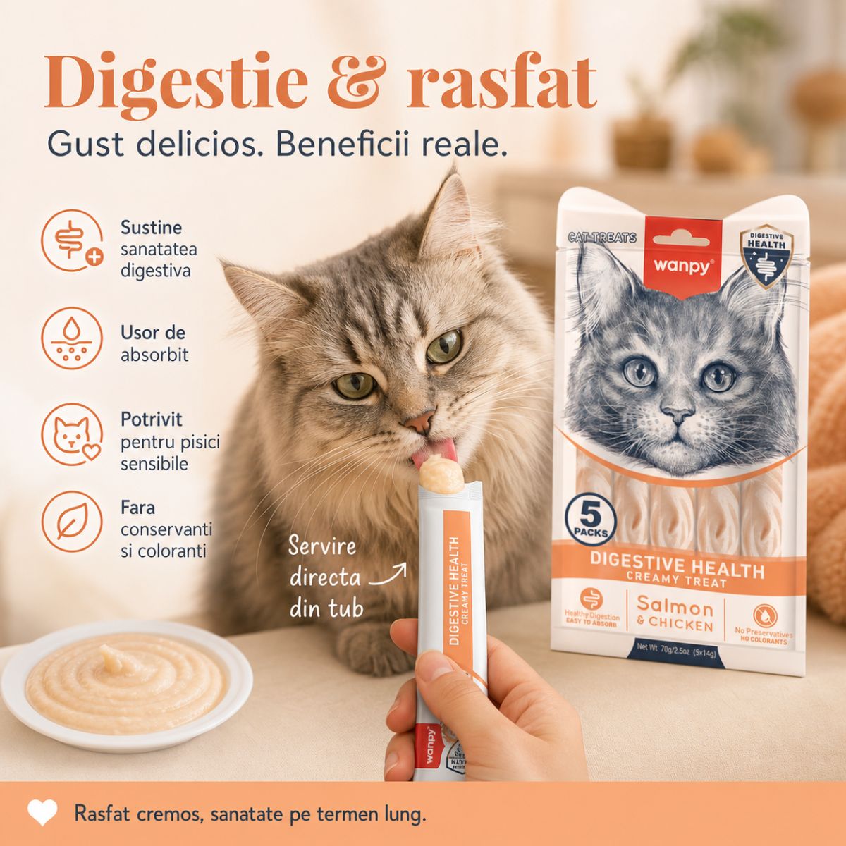 WANPY Creamy Digestive Health, Somon și Pui, punguță recompense funcționale pisici, sistem digestiv, (piure), 70g - poza 3