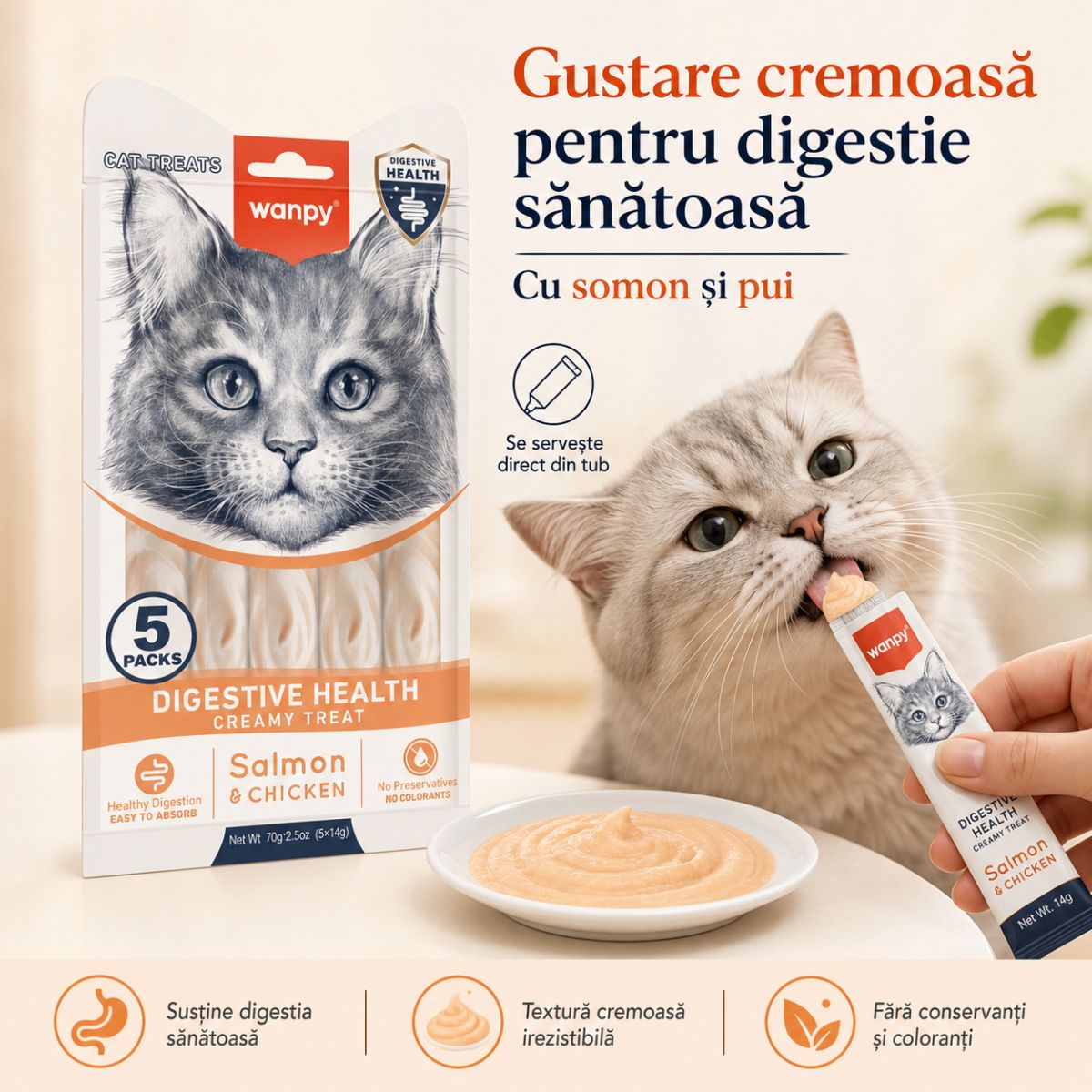 WANPY Creamy Digestive Health, Somon și Pui, punguță recompense funcționale pisici, sistem digestiv, (piure), 70g - poza 4