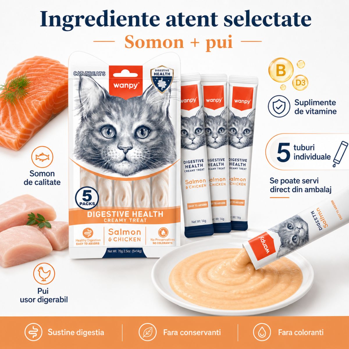 WANPY Creamy Digestive Health, Somon și Pui, punguță recompense funcționale pisici, sistem digestiv, (piure), 70g - poza 5