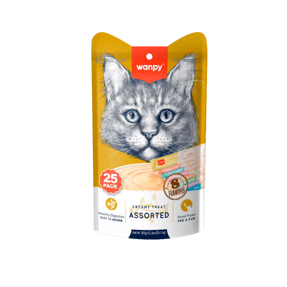 WANPY Creamy Treat Assorted 8 Flavors, Ton, Somon și Pui, punguță recompense pisici, (piure), 350g - poza 1