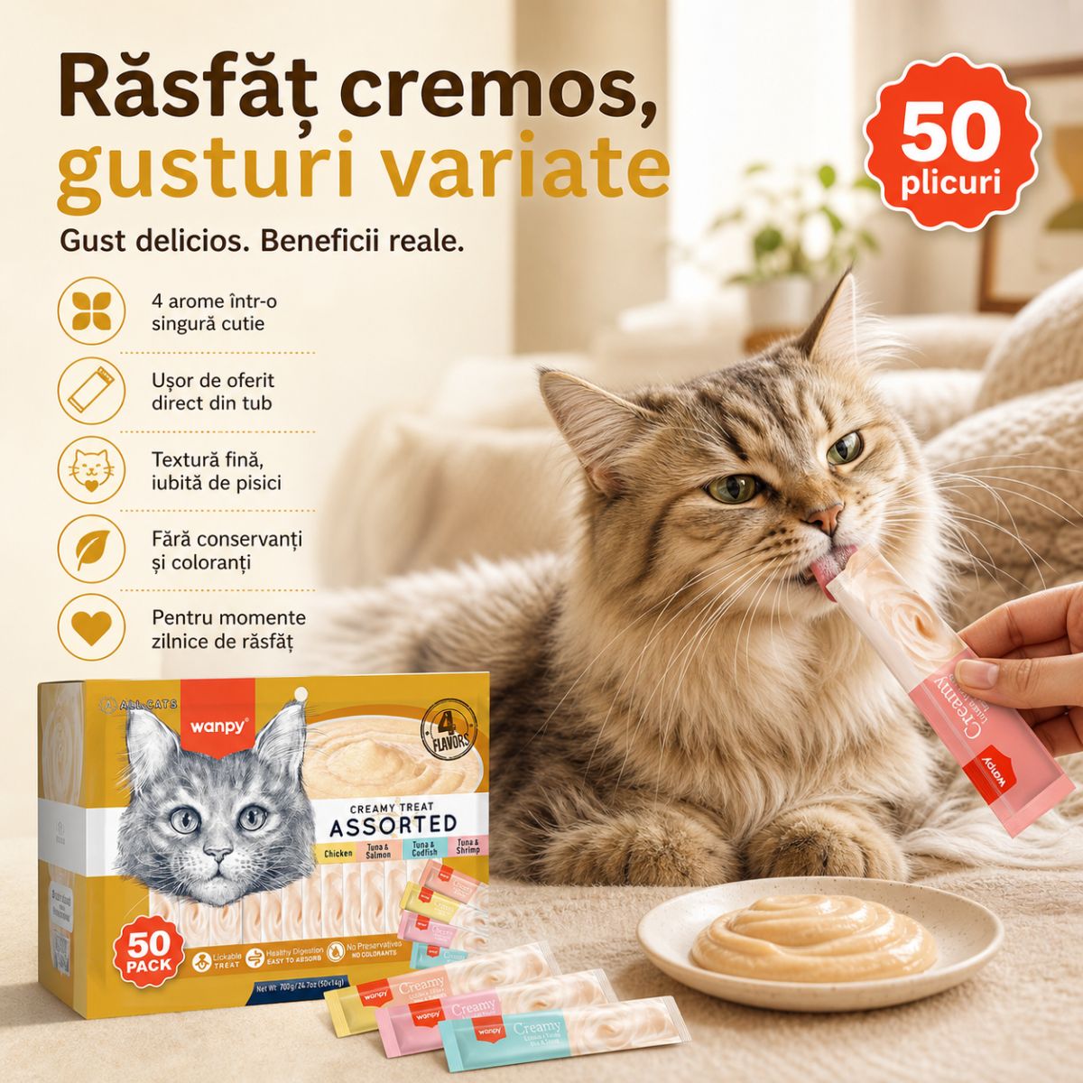WANPY Creamy Treat Assorted, Pui și Ton, punguță recompense pisici, (piure), 350g - poza 3