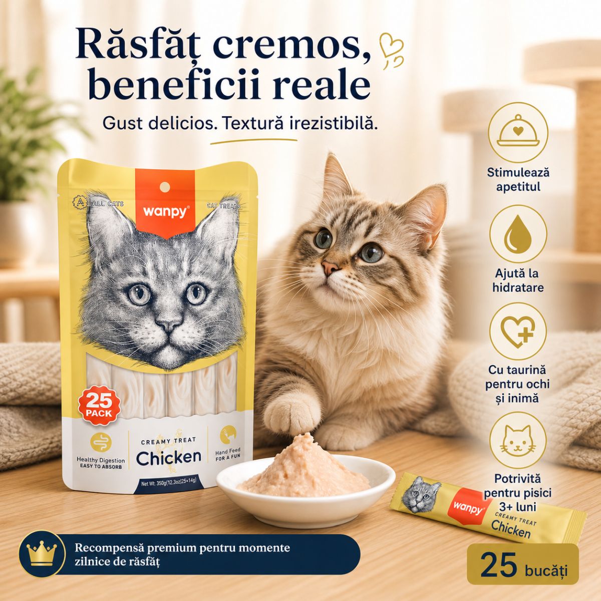 WANPY Creamy Treat, Pui, punguță recompense pisici, (piure), 350g - poza 3