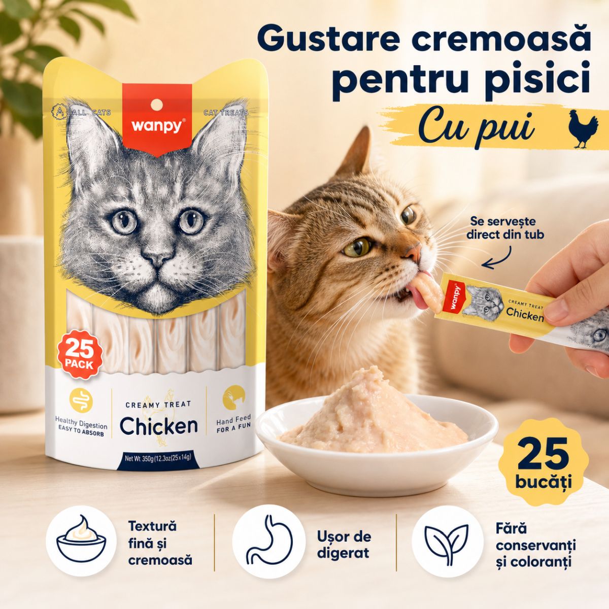 WANPY Creamy Treat, Pui, punguță recompense pisici, (piure), 350g - poza 4