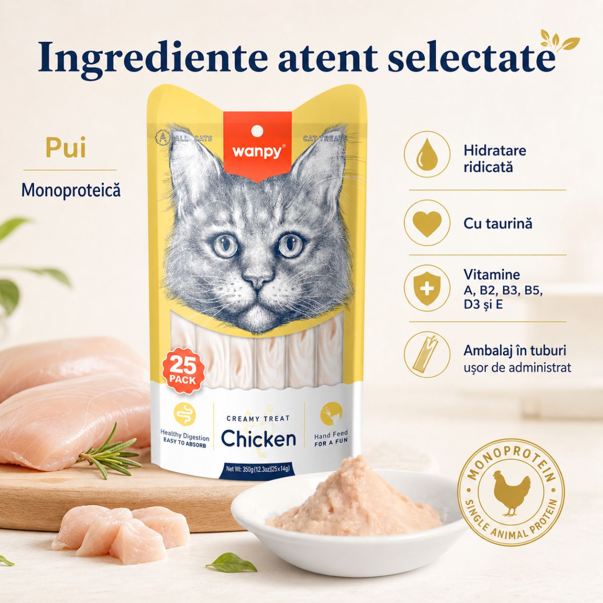 WANPY Creamy Treat, Pui, punguță recompense pisici, (piure), 350g - poza 5