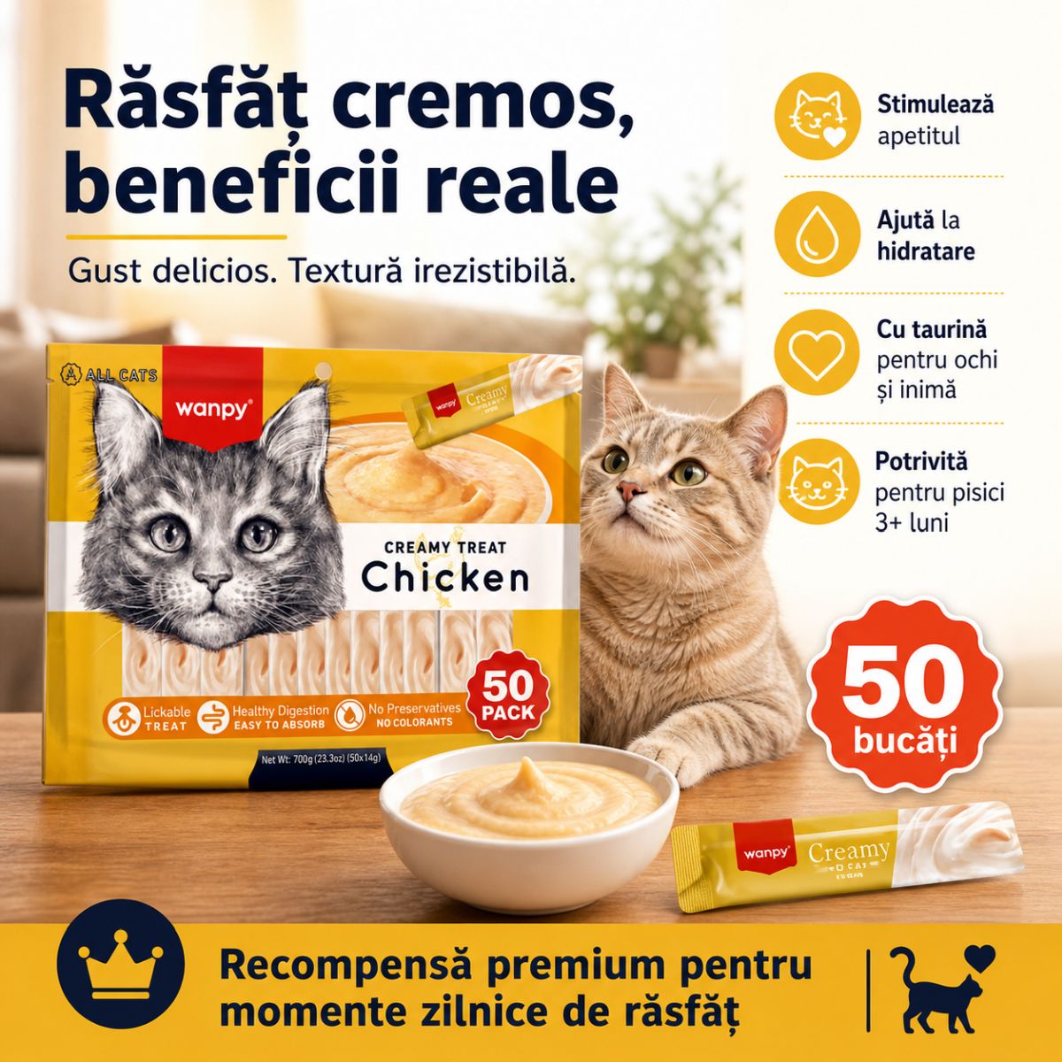 WANPY Creamy Treat, Pui, punguță recompense pisici, (piure), 700g - poza 3