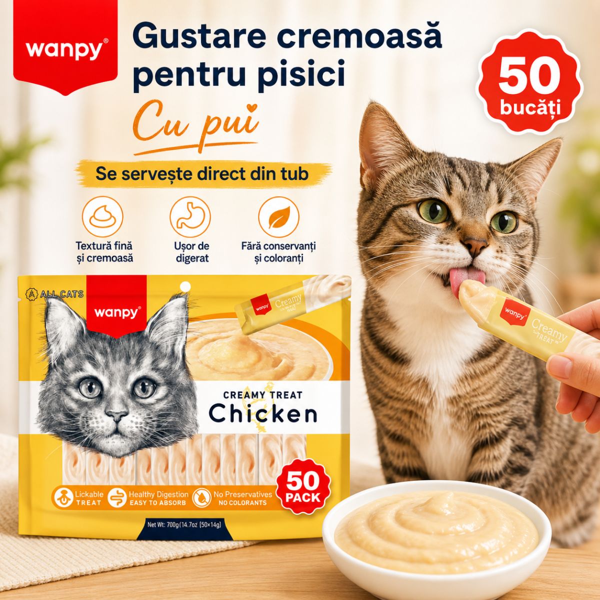 WANPY Creamy Treat, Pui, punguță recompense pisici, (piure), 700g - poza 4