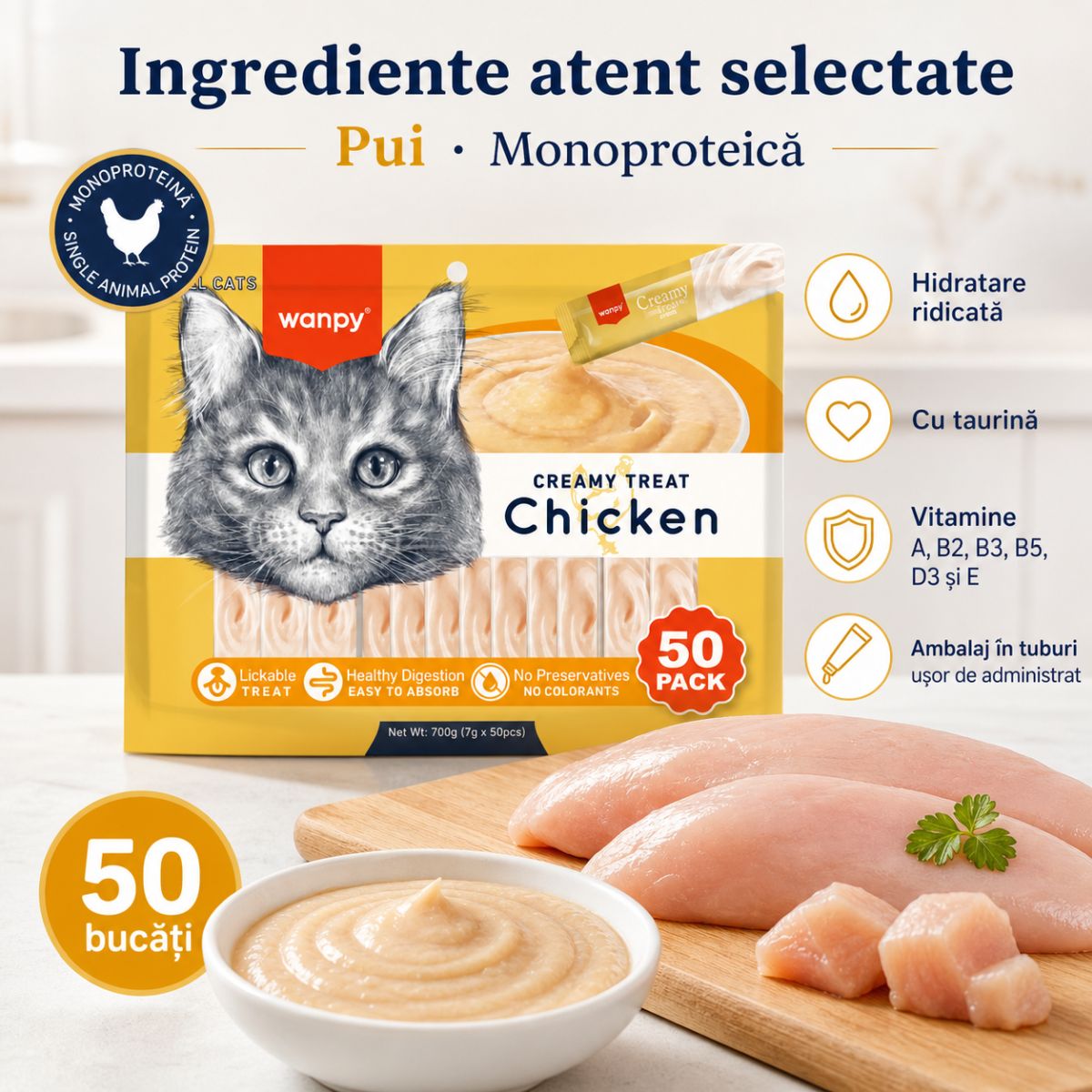 WANPY Creamy Treat, Pui, punguță recompense pisici, (piure), 700g - poza 5
