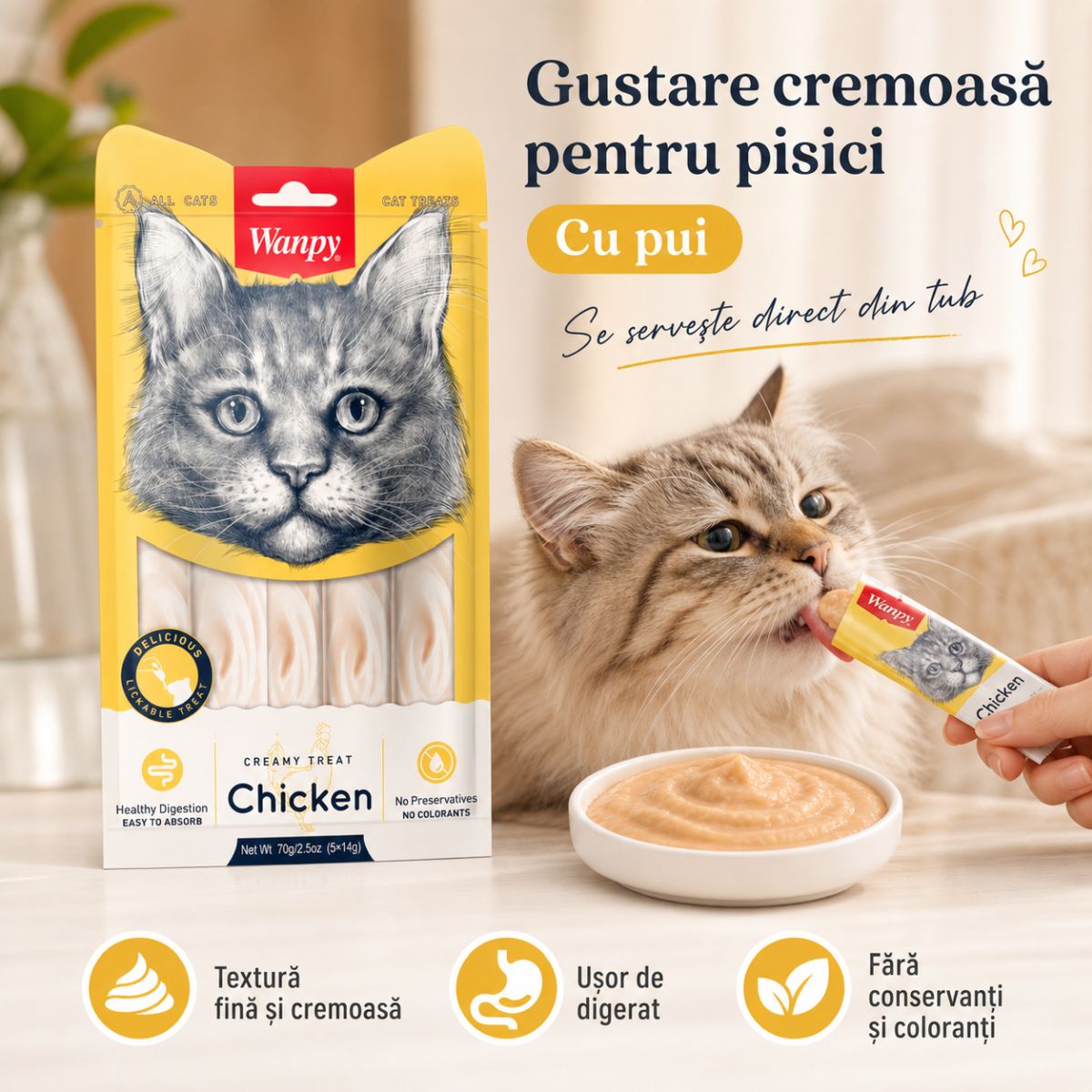 WANPY Creamy Treat, Pui, punguță recompense pisici, (piure), 70g - poza 3