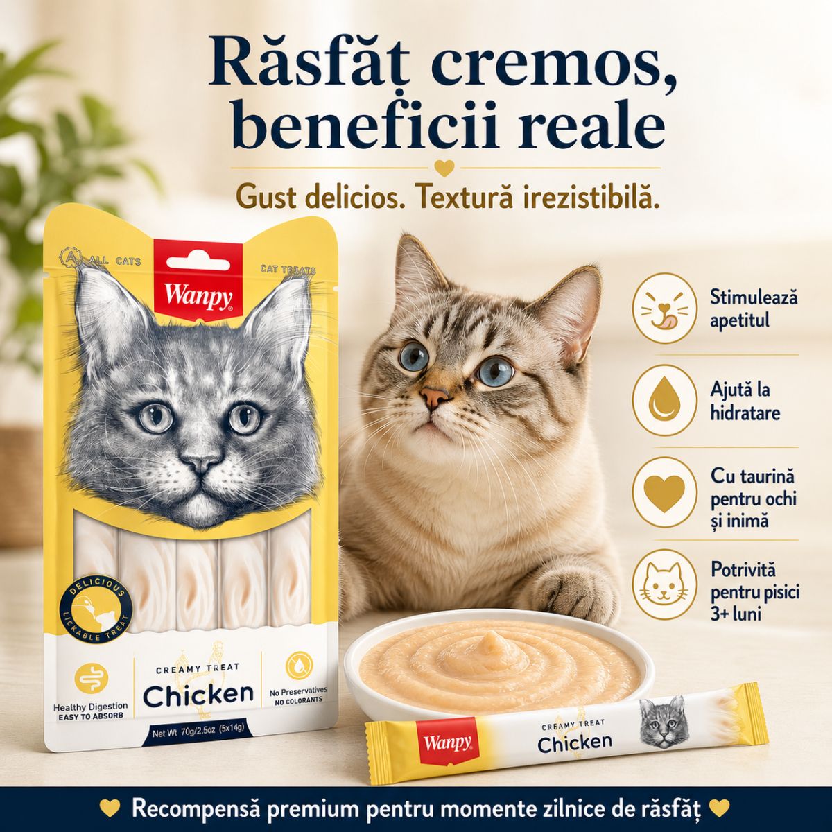 WANPY Creamy Treat, Pui, punguță recompense pisici, (piure), 70g - poza 4
