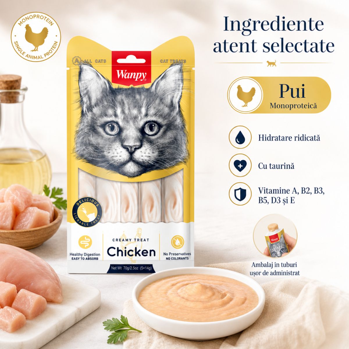 WANPY Creamy Treat, Pui, punguță recompense pisici, (piure), 70g - poza 5