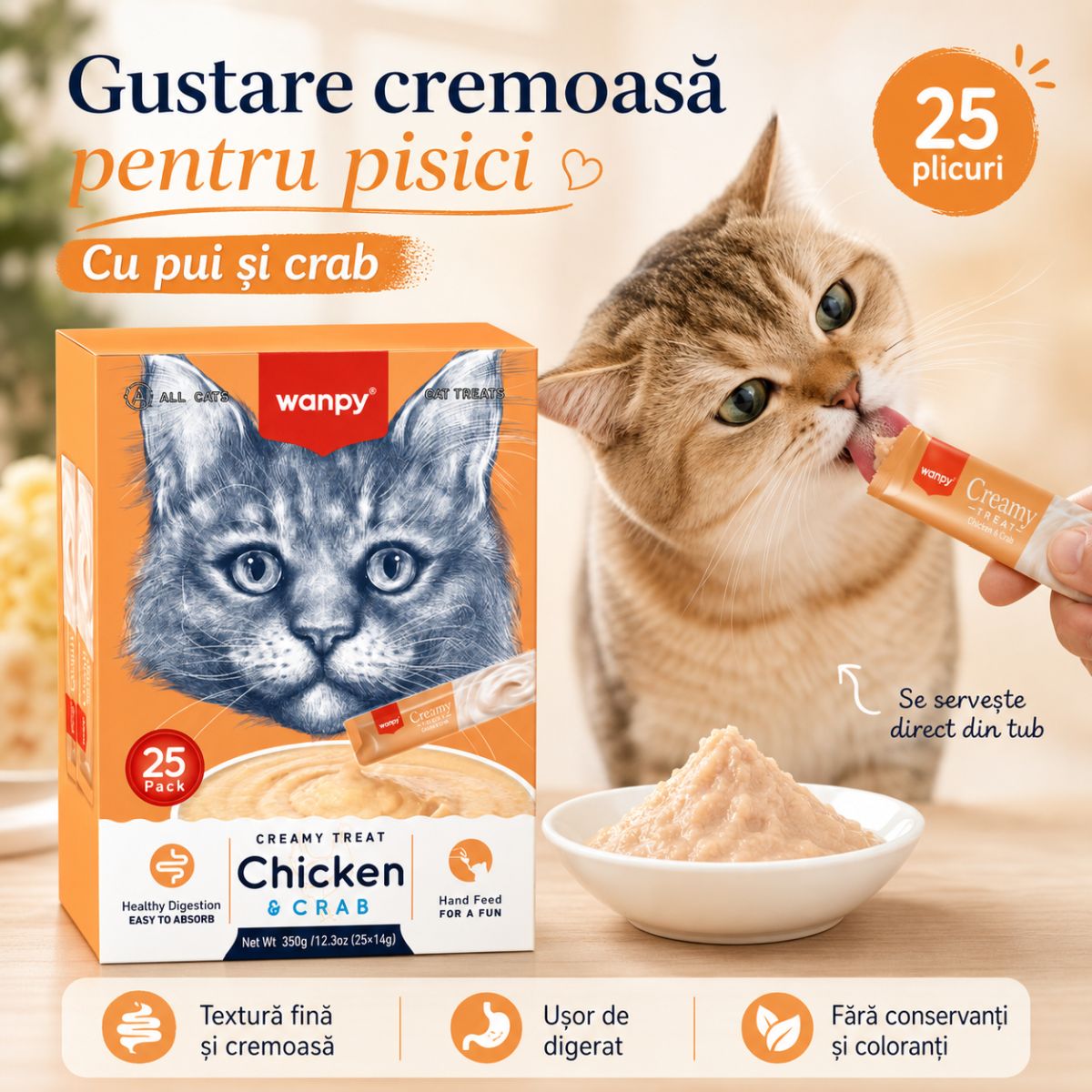 WANPY Creamy Treat, Pui și Crab, punguță recompense pisici, (piure), 350g - poza 4