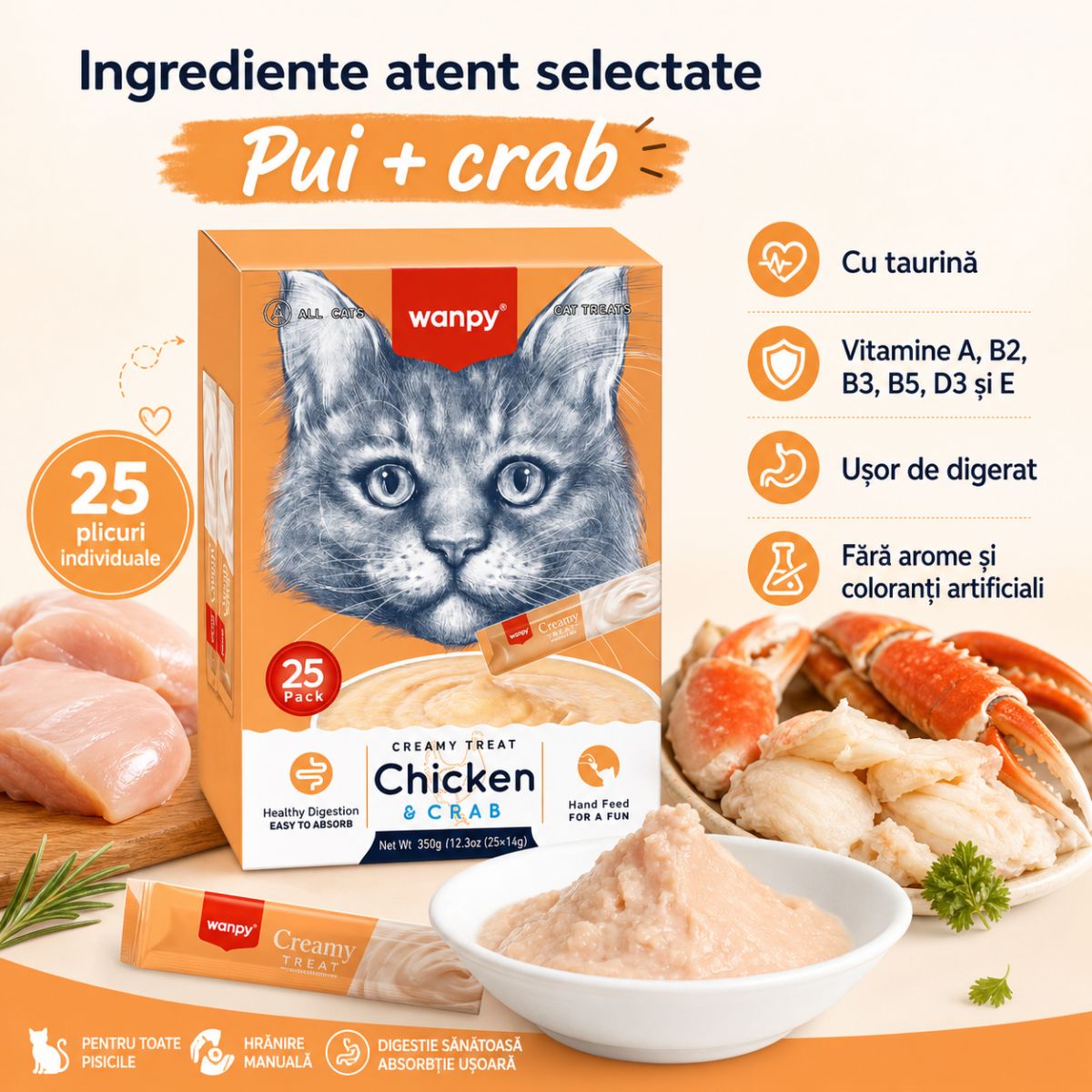 WANPY Creamy Treat, Pui și Crab, punguță recompense pisici, (piure), 350g - poza 5