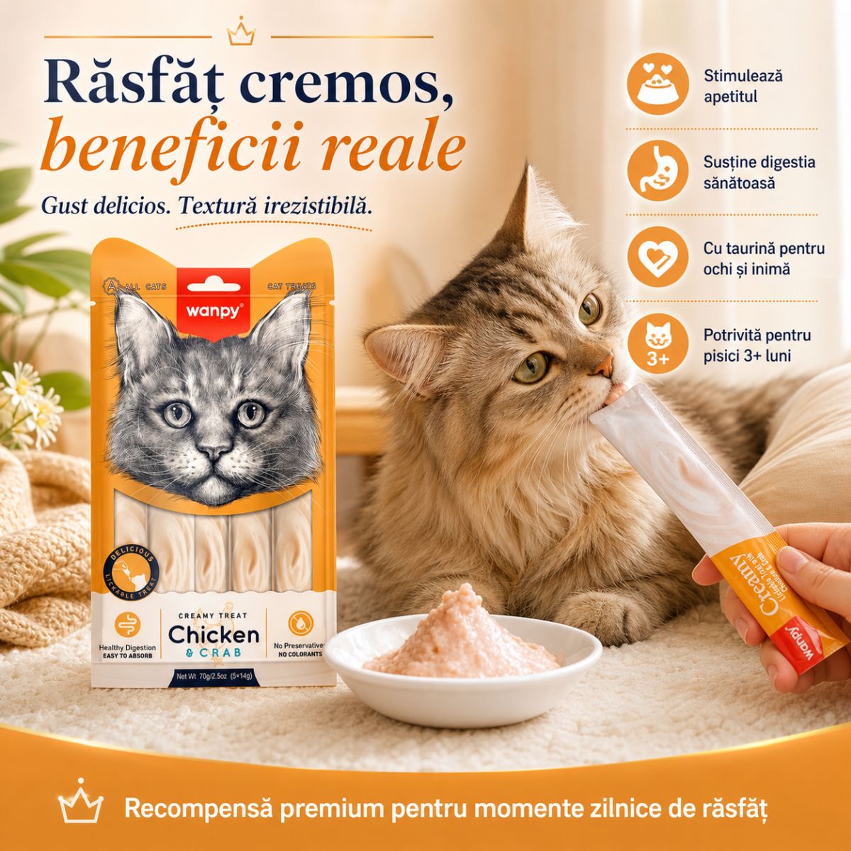 WANPY Creamy Treat, Pui și Crab, punguță recompense pisici, (piure), 70g - poza 3