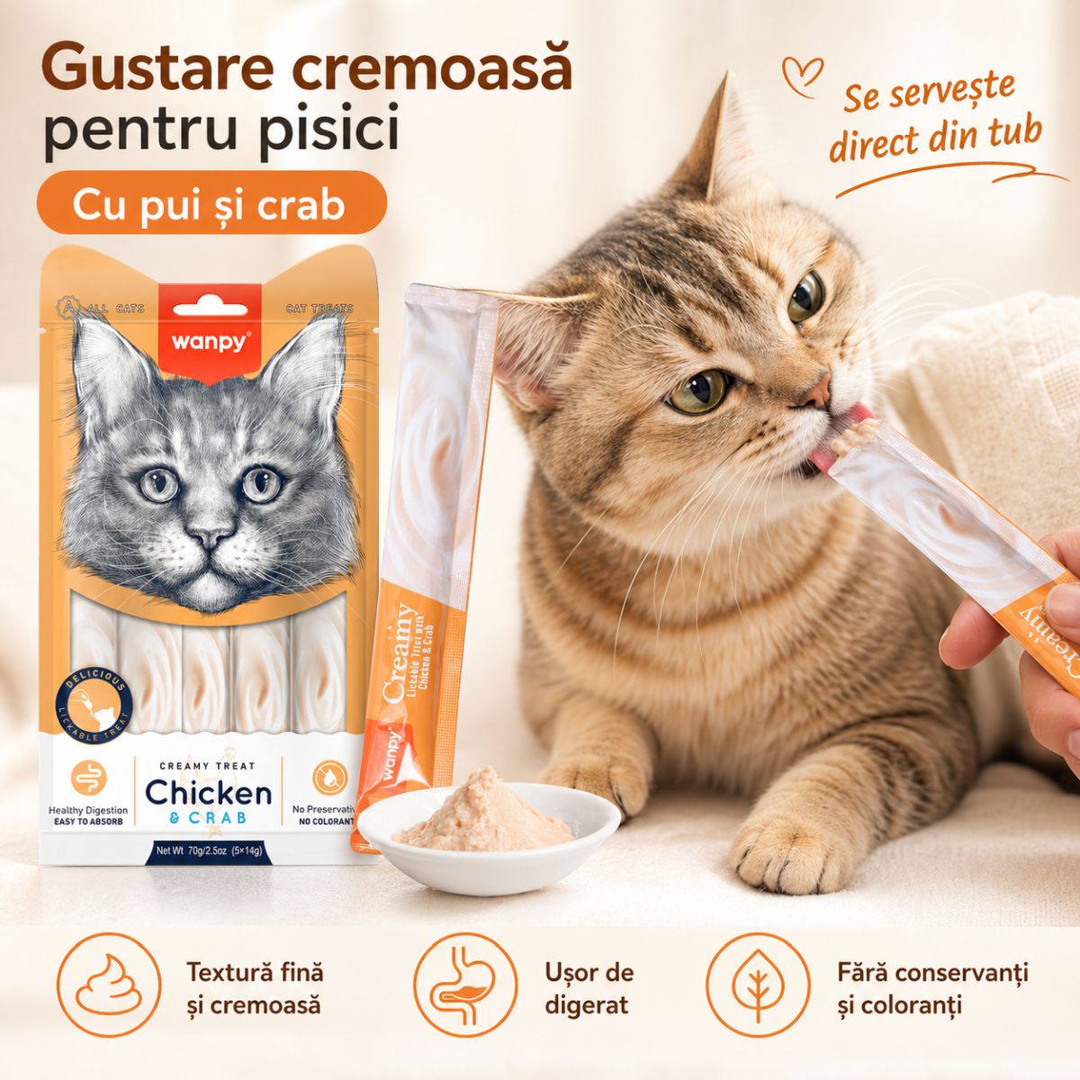 WANPY Creamy Treat, Pui și Crab, punguță recompense pisici, (piure), 70g - poza 4