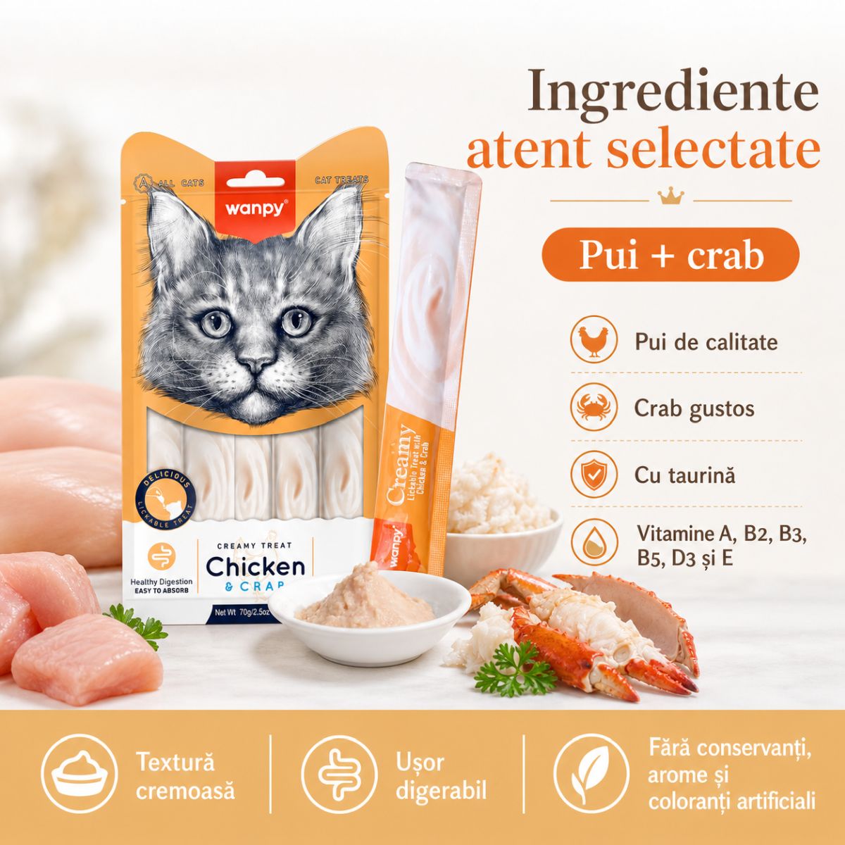 WANPY Creamy Treat, Pui și Crab, punguță recompense pisici, (piure), 70g - poza 5